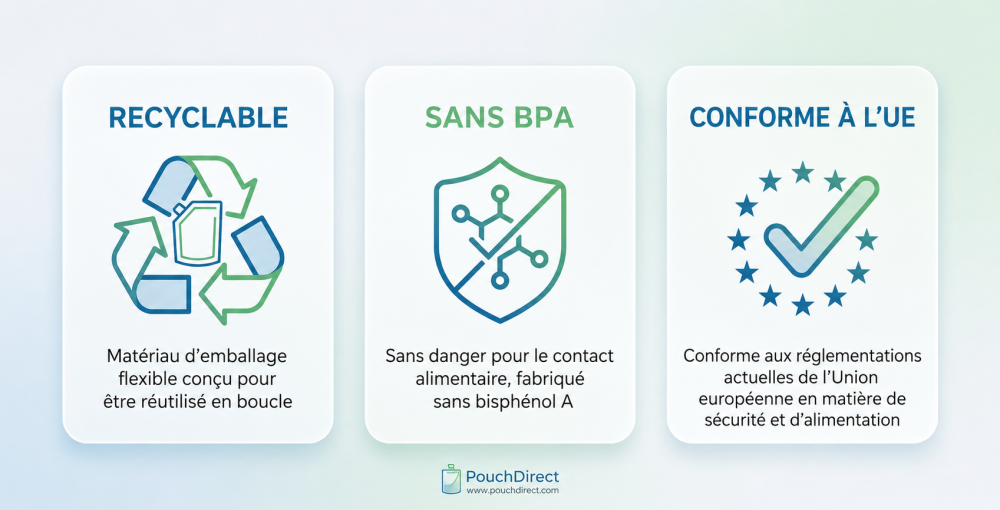 Icônes relatives à la durabilité et à la réglementation en matière d'emballages : 100 % recyclable, sans BPA et conforme aux normes européennes Icônes relatives à la durabilité et à la réglementation en matière d'emballages : 100 % recyclable, sans BPA et conforme aux normes européennes