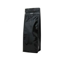 Sac à café à fond plat et fermeture zip frontale - brillant noir - 250 gr (95x245+{35+35} mm)
