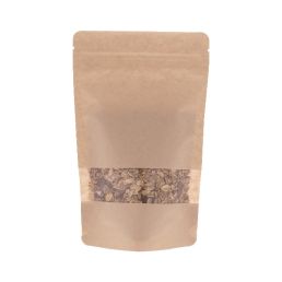 Sachet Stand-up papier kraft avec fenêtre - marron - 190x265+{55+55} mm (1,3-1,4lt)