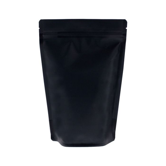 Matte black recyclable doypack with tear notch and zip closure.