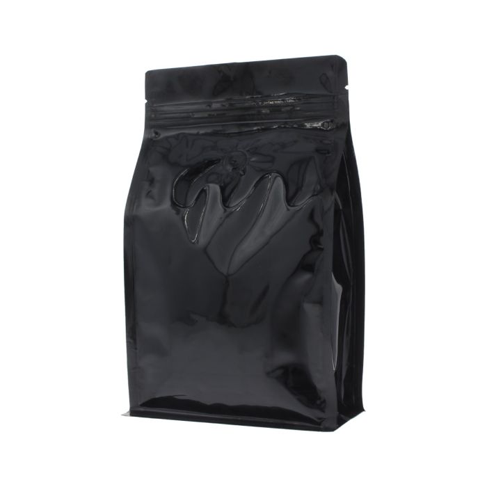 Sac à café à fond plat avec fermeture éclair - brillant noir - 250 gr (140x210+{35+35} mm)