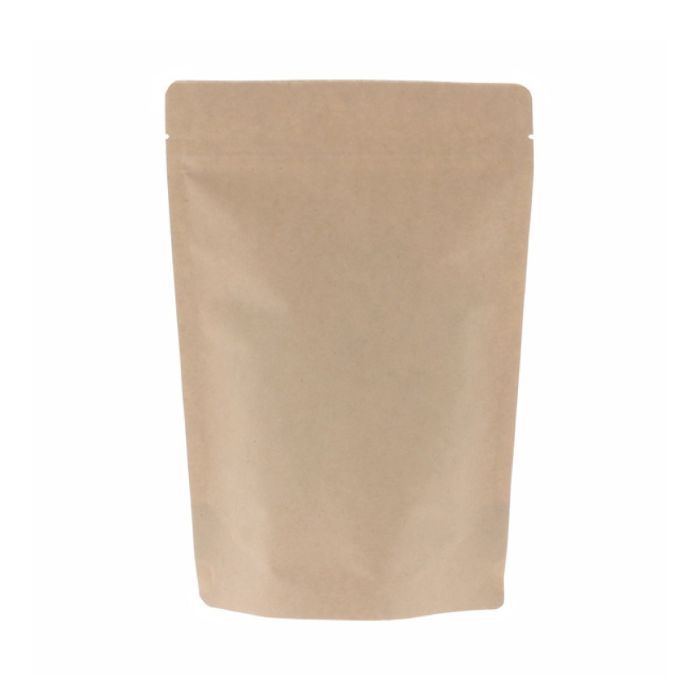 Sachet doypack 2 couches en papier kraft marron sans aluminium avec encoche de déchirure.