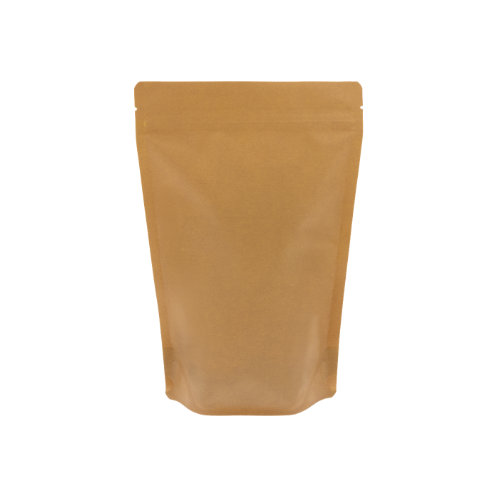 Sachet doypack recyclable aspect kraft marron avec encoche de déchirure et fermeture zip.
