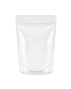 A professional product mockup of an empty, glossy transparent plastic stand-up pouch featuring a resealable zipper and smooth rounded corners, isolated on a clean white background.
