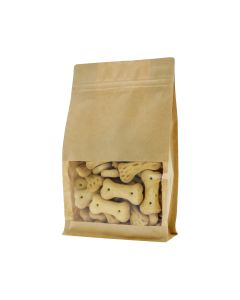 Sachet à fond plat en papier kraft marron sans aluminium avec fenêtre et zip frontal.
