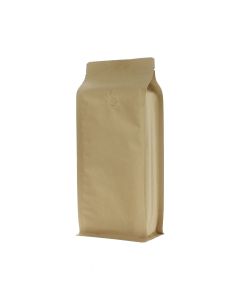 Sachet de café à fond plat en papier kraft marron avec valve.