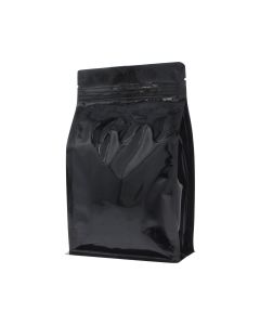 Sac &agrave; caf&eacute; &agrave; fond plat avec fermeture &eacute;clair - brillant noir - 250 gr (140x210+{35+35} mm)
