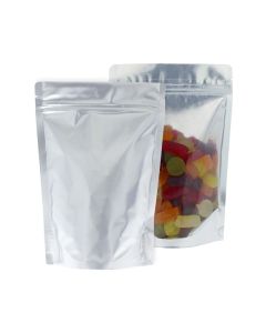 Sachet doypack transparent et argent mat avec encoche de déchirure et fermeture zip.