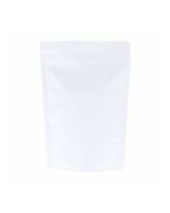 Sachet doypack blanc mat avec encoche de déchirure et fermeture zip.