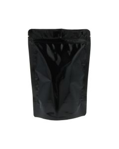 Sachet doypack noir brillant avec encoche de déchirure et fermeture zip.