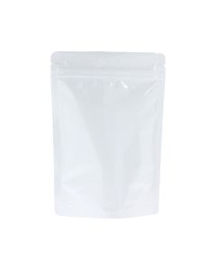 Sachet doypack blanc brillant avec encoche de déchirure et fermeture zip.