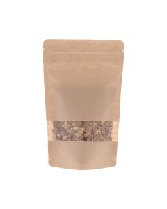 Sachet doypack en papier kraft marron avec fenêtre, encoche de déchirure et fermeture zip.