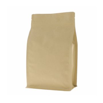 Sachet à fond plat en papier kraft marron avec encoche de déchirure et fermeture zip.