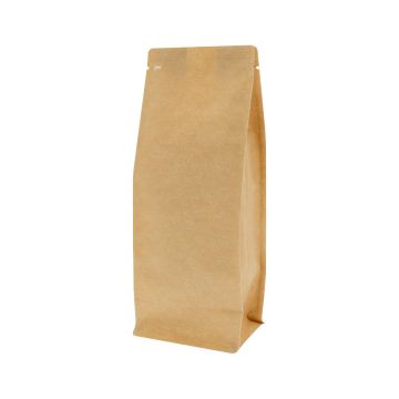 Sachet de café à fond plat aspect kraft marron recyclable avec valve et encoche de déchirure
