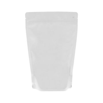 Sachet doypack recyclable blanc mat avec encoche de déchirure et fermeture zip.