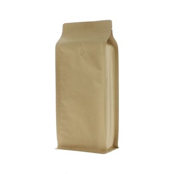 Sachet de café à fond plat en papier kraft marron avec valve.