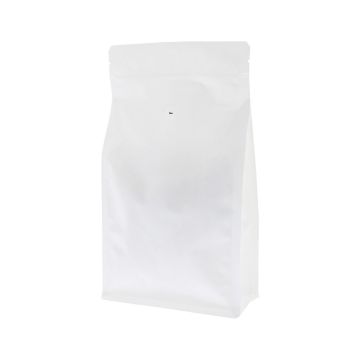 Sachet de café à fond plat recyclable blanc mat avec valve, encoche de déchirure et fermeture zip.