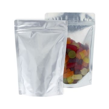 Sachet doypack transparent et argent mat avec encoche de déchirure et fermeture zip.