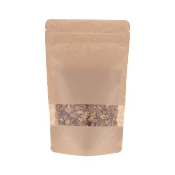 Sachet doypack en papier kraft marron avec fenêtre, encoche de déchirure et fermeture zip.