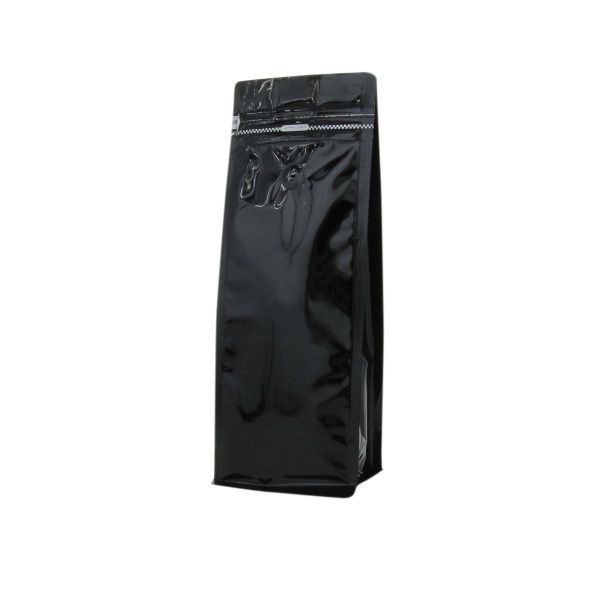 Sac à café à fond plat et fermeture zip frontale - brillant noir - 250 gr (95x245+{35+35} mm)