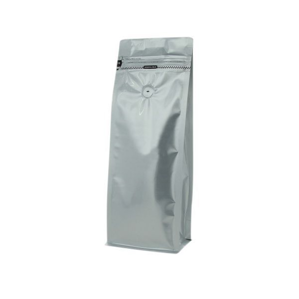 Sac à café à fond plat et fermeture zip frontale - matt argent - 500 gr (110x300+{40+40} mm)