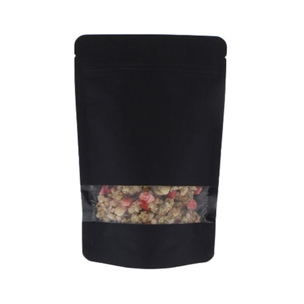 Sachet Stand Up Papier kraft avec fenêtre - noir - 110x170+{35+35} mm (200-225ml)