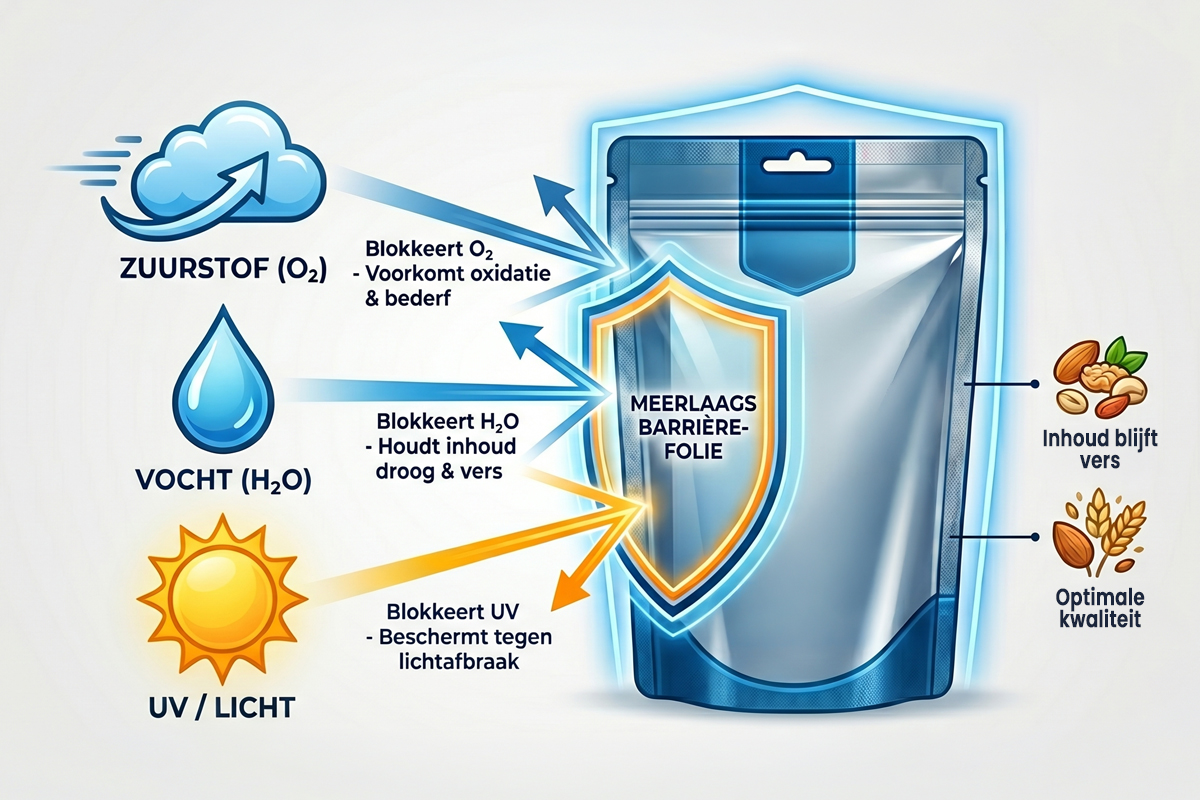 Infographie sur le fonctionnement de l'emballage à barrière : un film multicouche bloque l'oxygène, l'humidité et les rayons UV pour une durée de conservation maximale Infographie sur le fonctionnement de l'emballage à barrière : un film multicouche bloque l'oxygène, l'humidité et les rayons UV pour une durée de conservation maximale